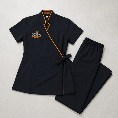 Women’s Spa Uniform Set – Logo Wrap Tunic & Pants for Salon Staff