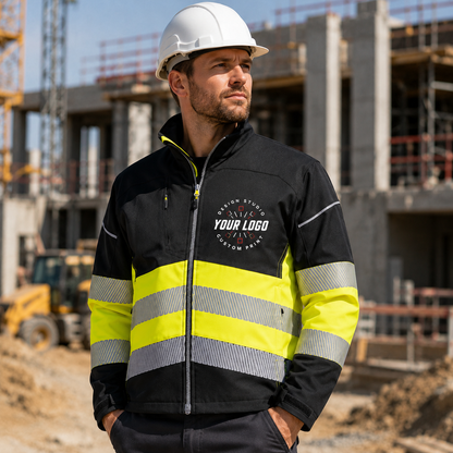 Custom Hi-Vis Work Jacket with Logo – Softshell Safety Jacket for Outdoor Crews
