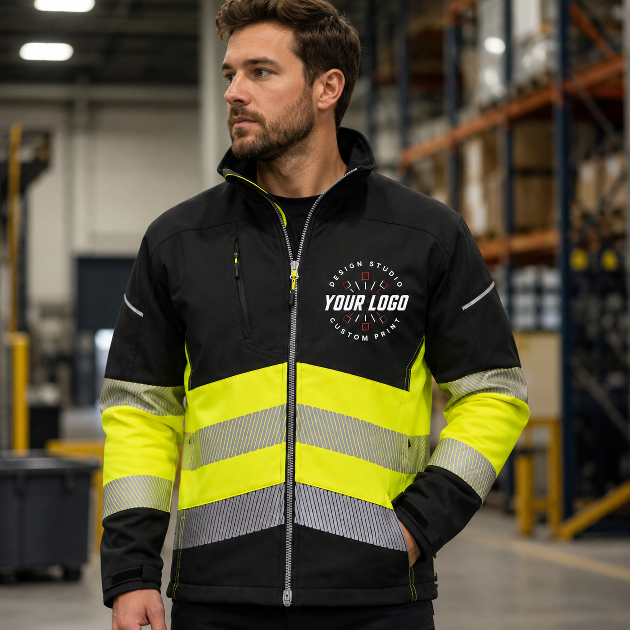 Custom Hi-Vis Work Jacket with Logo – Softshell Safety Jacket for Outdoor Crews