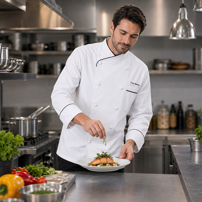 Long Sleeve Chef Coat with Name – White Chef Jacket with Black Piping