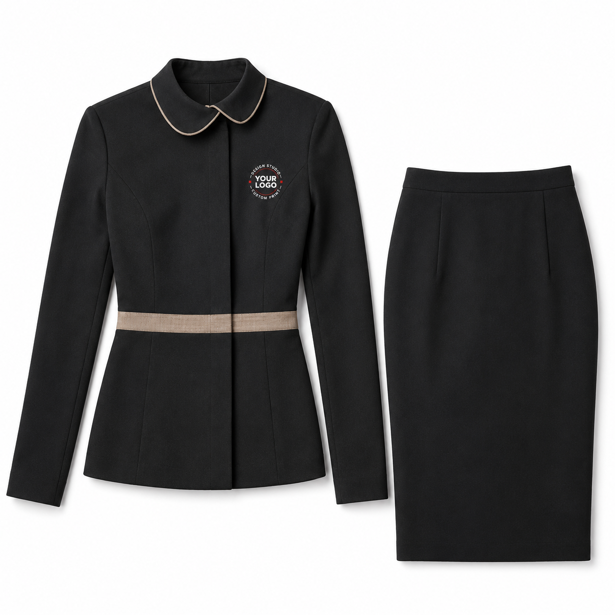 Women’s Hotel Receptionist Uniform with Logo – Black Beige Front Desk Outfit
