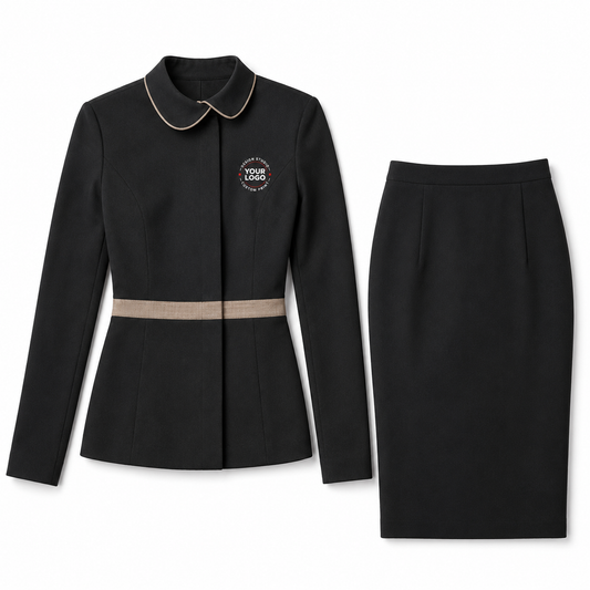 Women’s Hotel Receptionist Uniform with Logo – Black Beige Front Desk Outfit