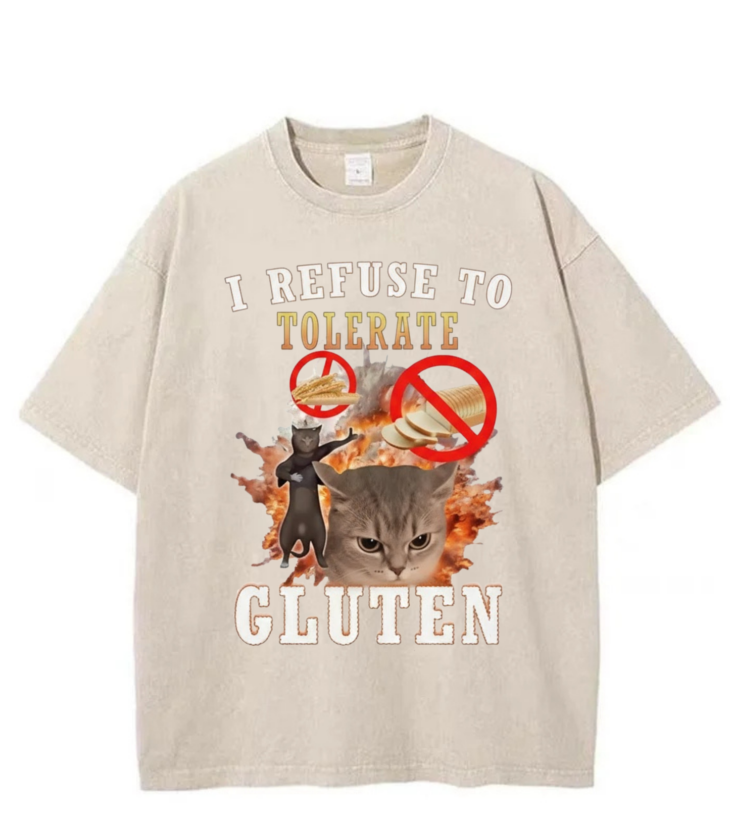 Washed Gluten Cat Graphic Streetwear Tee