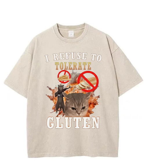 Washed Gluten Cat Graphic Streetwear Tee