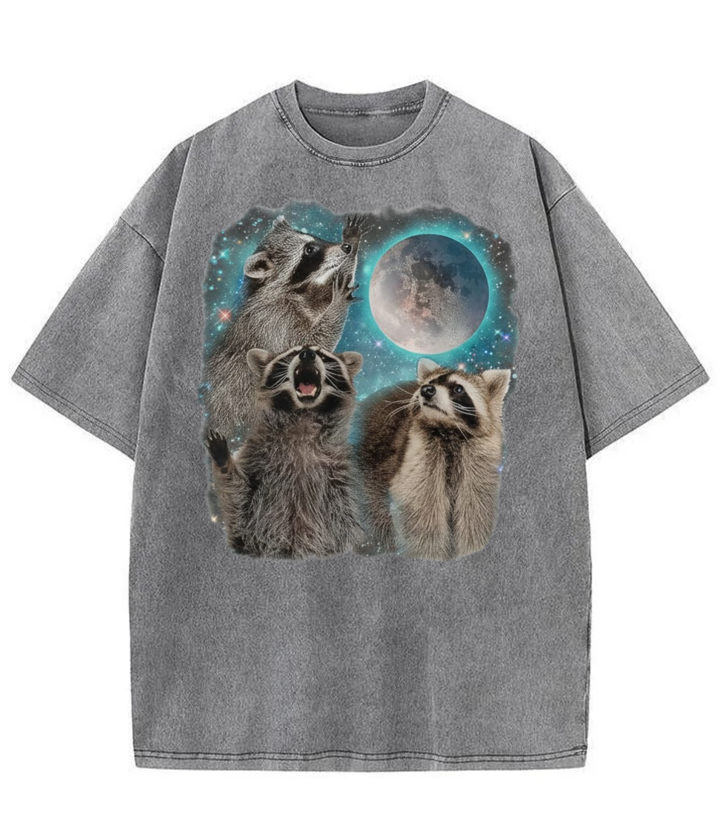 Washed Moon Raccoon Graphic Streetwear Tee