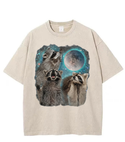 Washed Moon Raccoon Graphic Streetwear Tee