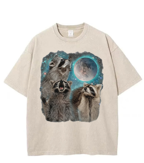 Washed Moon Raccoon Graphic Streetwear Tee
