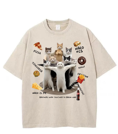 Washed Cat Snack Graphic Streetwear Tee