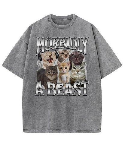 Washed Morbidly A Beast Cat Graphic Tee