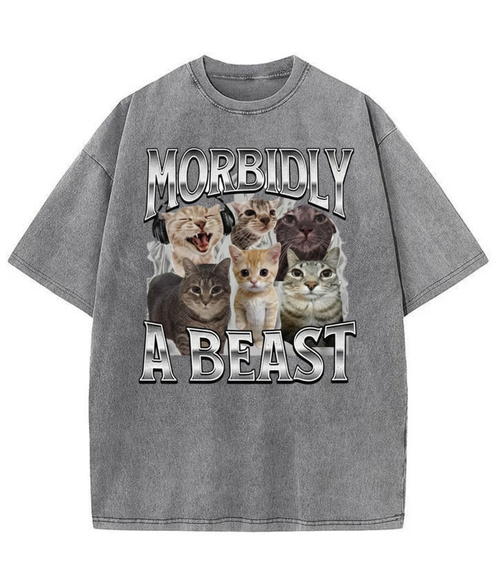 Washed Morbidly A Beast Cat Graphic Tee