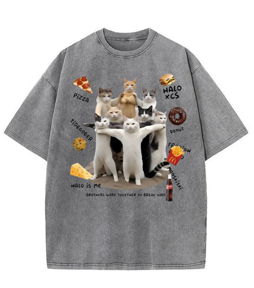 Washed Cat Snack Graphic Streetwear Tee