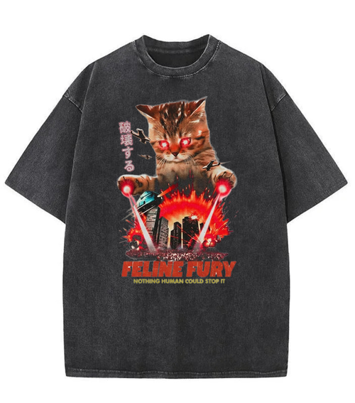 Washed Feline Fury Cat Graphic Tee