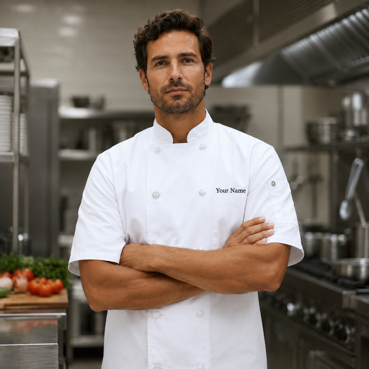 Short Sleeve Chef Coat – White Kitchen Uniform Jacket with Logo
