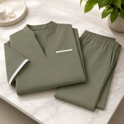 Women’s Olive Green Spa Uniform Set – Personalized Salon Tunic & Pants