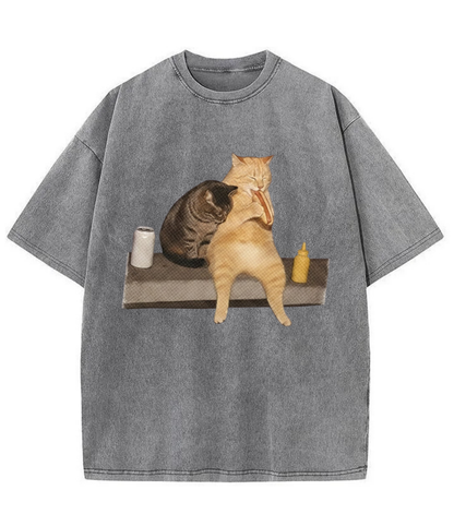 Washed Cat Hot Dog Graphic Streetwear Tee