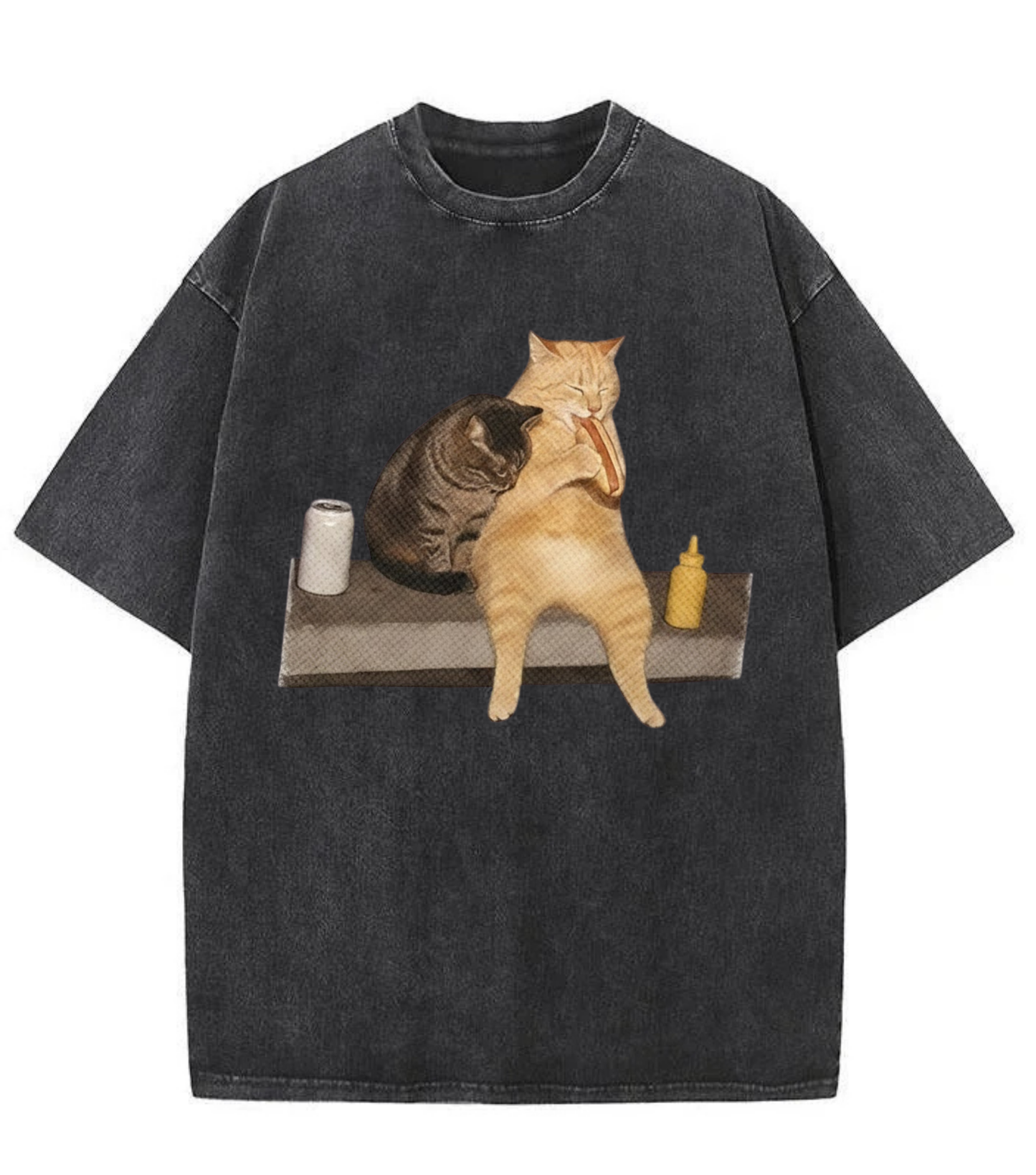 Washed Cat Hot Dog Graphic Streetwear Tee