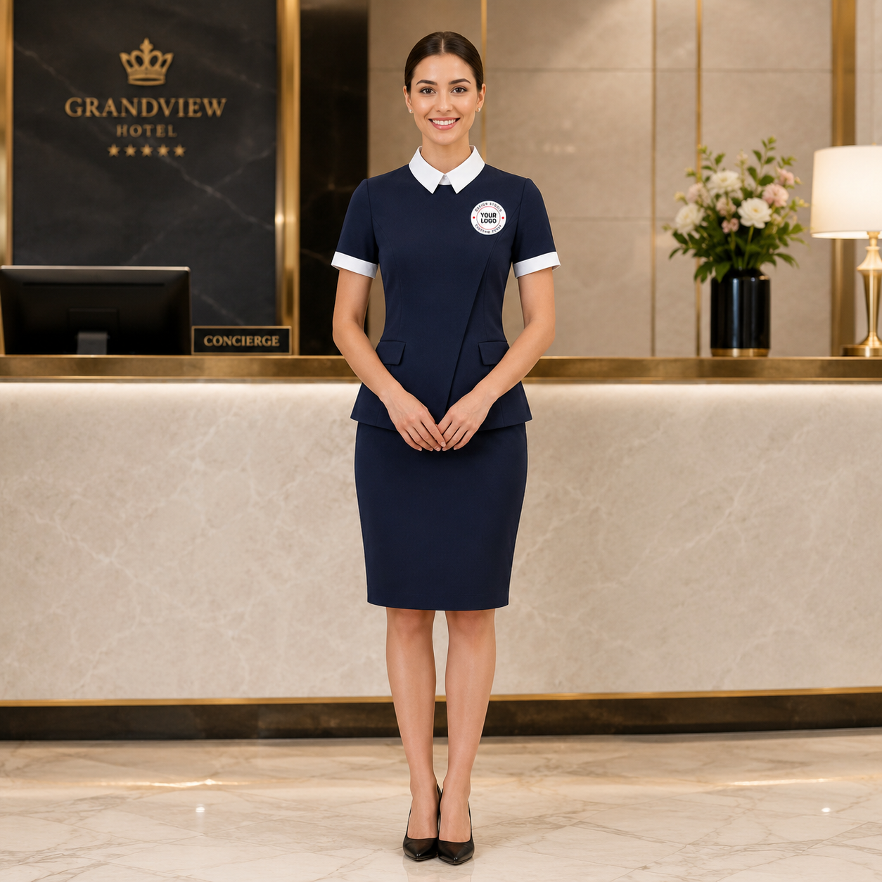 Spa Receptionist Uniform Set with Logo – Navy White Salon Front Desk Outfit