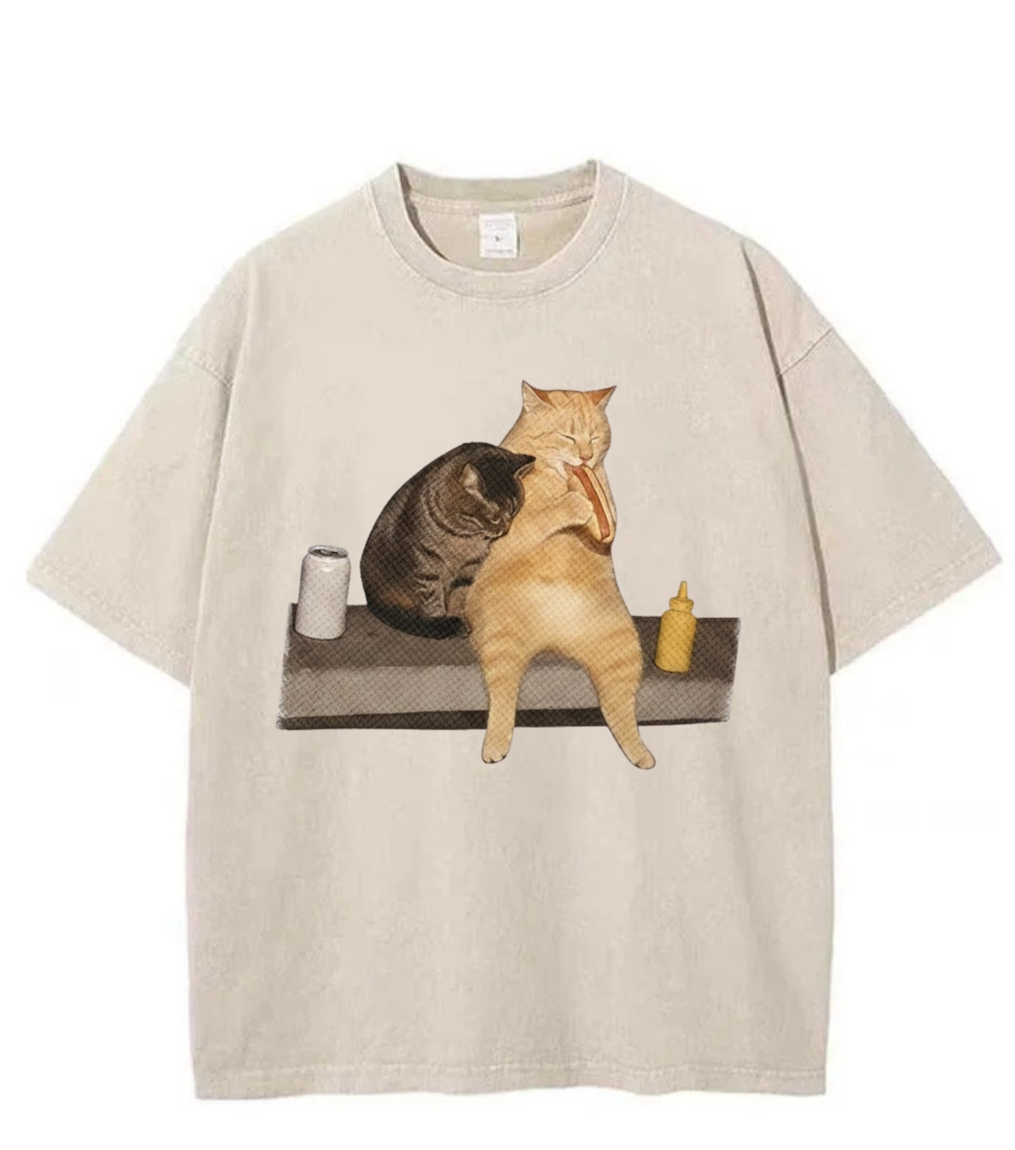 Washed Cat Hot Dog Graphic Streetwear Tee