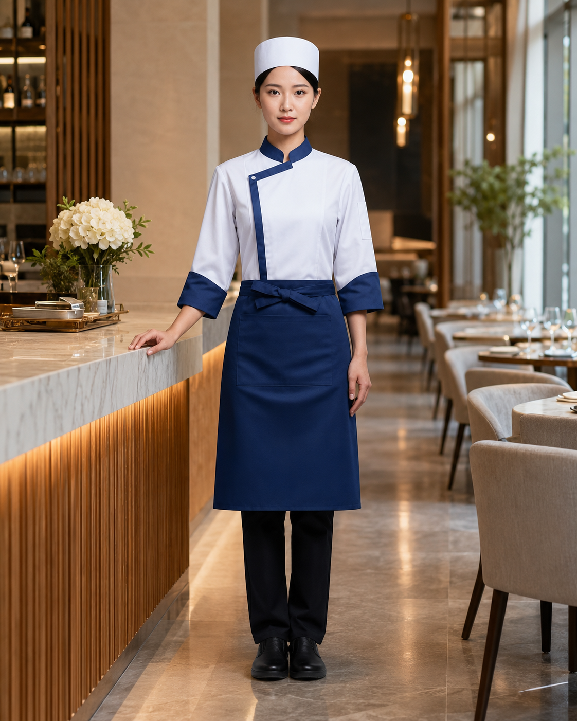 3-Piece Chef Uniform Set – Embroidered Jacket, Apron & Hat for Restaurant Staff