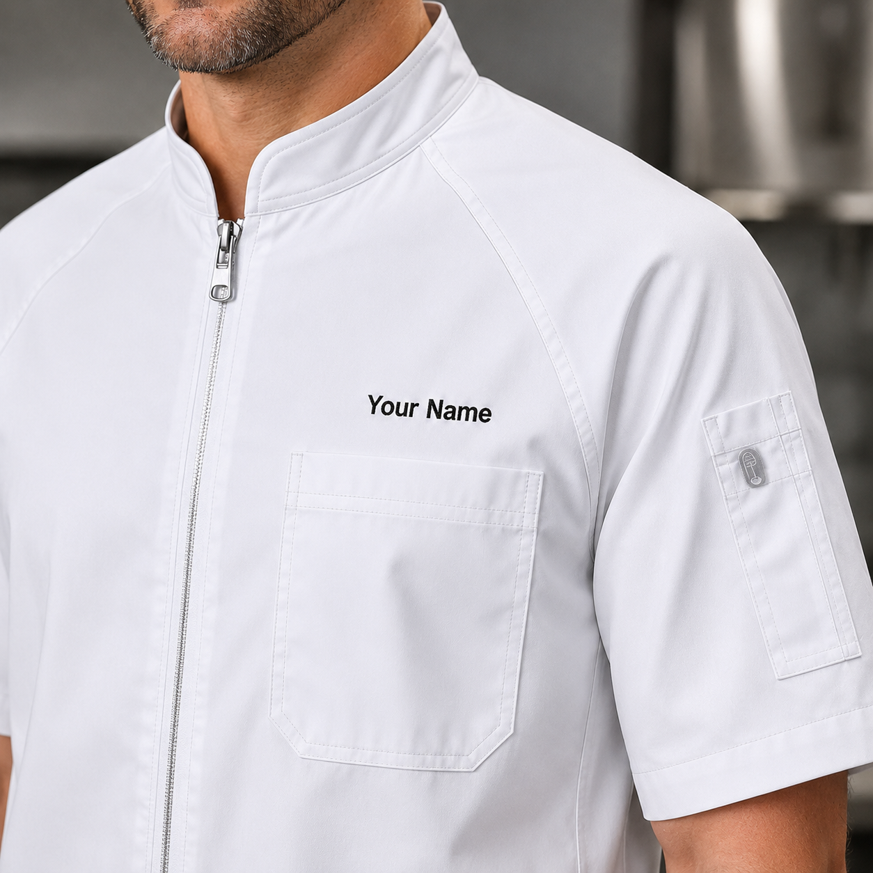 Unisex Zip-Front Chef Coat – Short Sleeve Kitchen Uniform with Logo