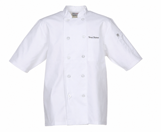 Short Sleeve Chef Coat – White Kitchen Uniform Jacket with Logo