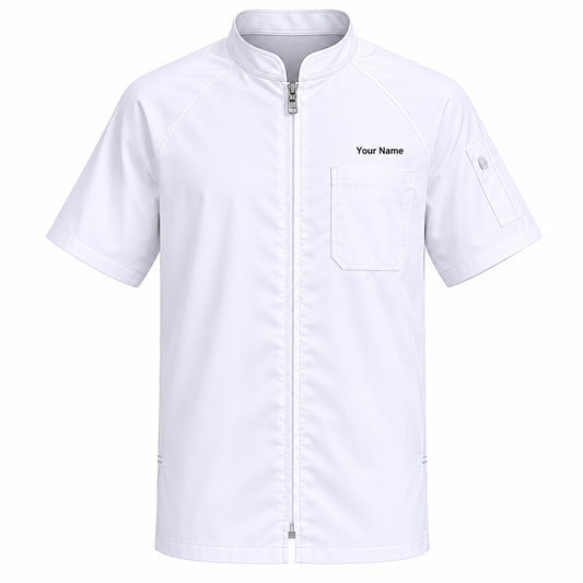 Unisex Zip-Front Chef Coat – Short Sleeve Kitchen Uniform with Logo