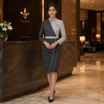 Women’s Spa Receptionist Uniform with Logo – Grey Wrap Front Desk Dress