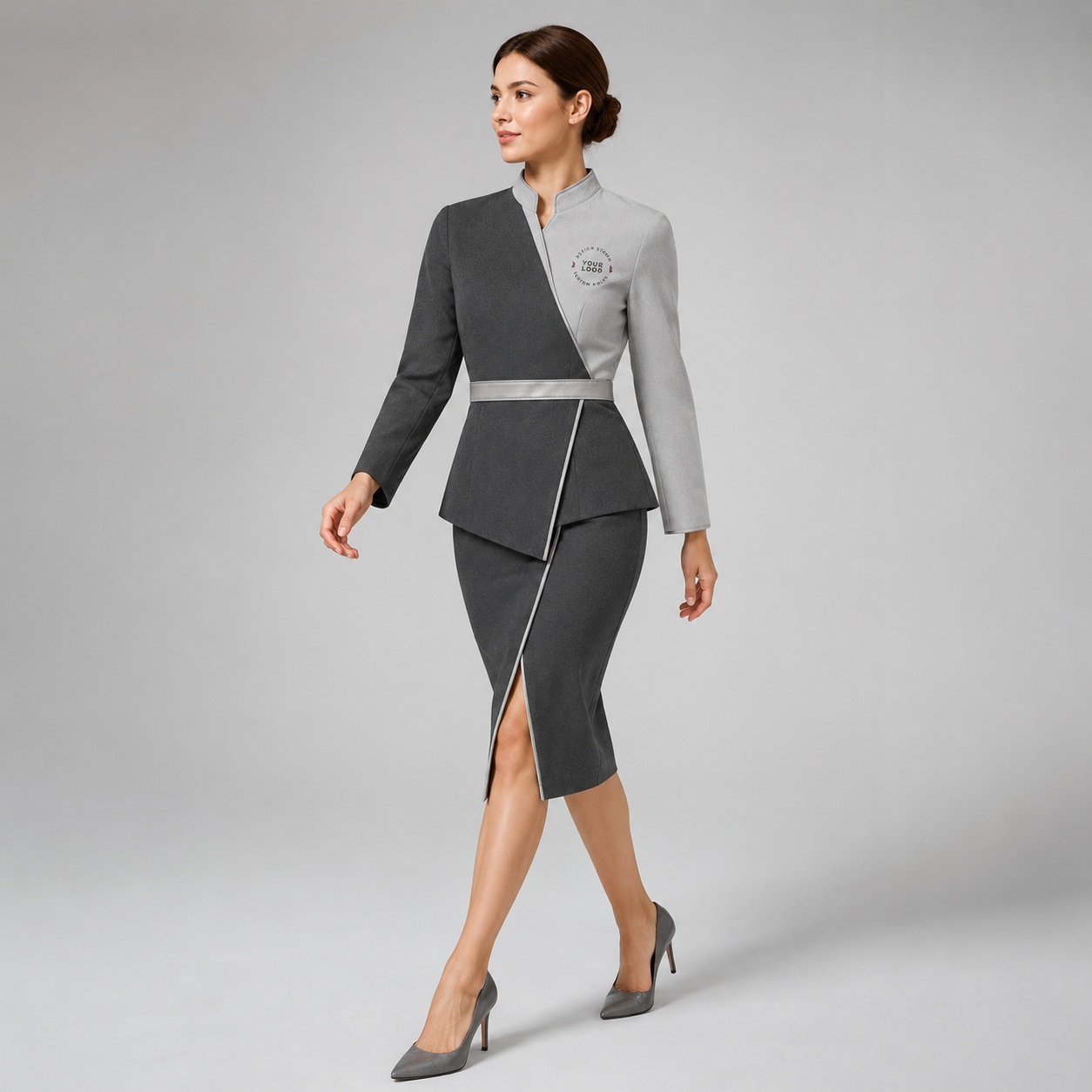 Women’s Spa Receptionist Uniform with Logo – Grey Wrap Front Desk Dress
