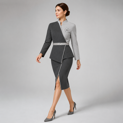 Women’s Spa Receptionist Uniform with Logo – Grey Wrap Front Desk Dress