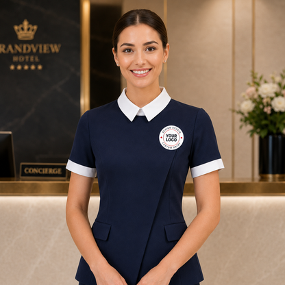Spa Receptionist Uniform Set with Logo – Navy White Salon Front Desk Outfit