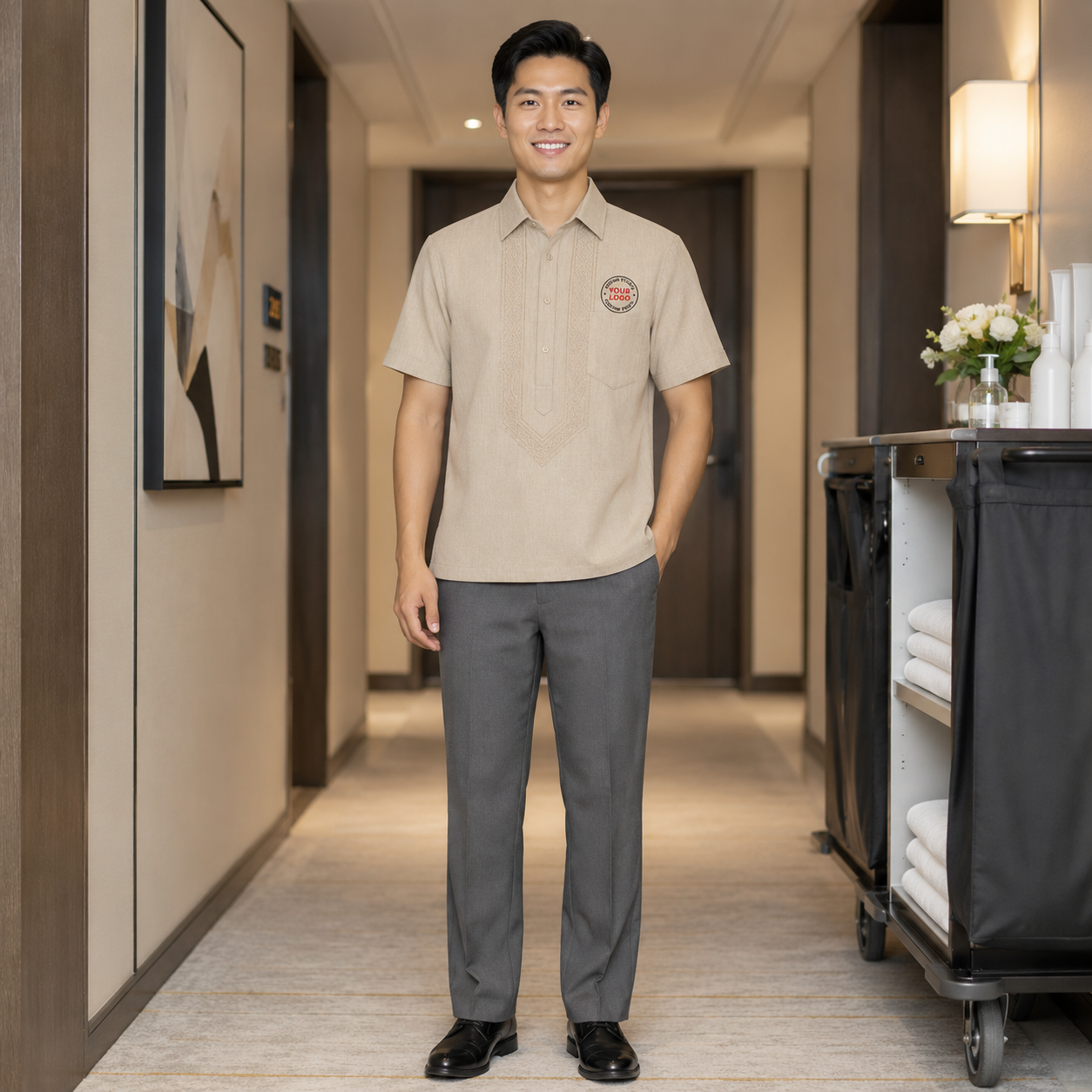 Men’s Housekeeping Uniform with Logo – Hotel Room Attendant Shirt & Pants