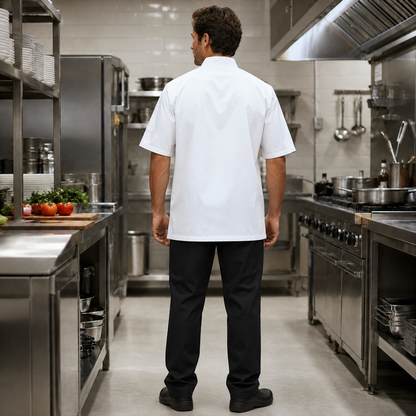Short Sleeve Chef Coat – White Kitchen Uniform Jacket with Logo