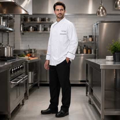 Long Sleeve Chef Coat with Name – White Chef Jacket with Black Piping