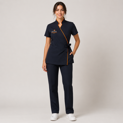 Women’s Spa Uniform Set – Logo Wrap Tunic & Pants for Salon Staff
