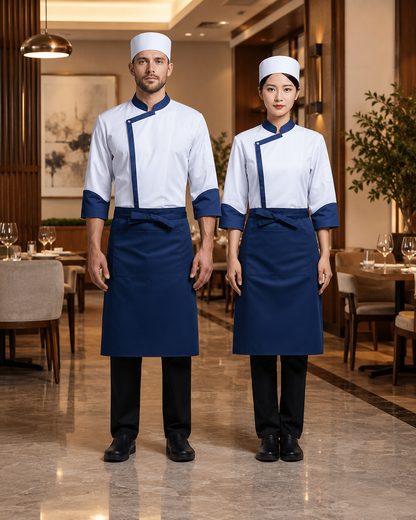 3-Piece Chef Uniform Set – Embroidered Jacket, Apron & Hat for Restaurant Staff