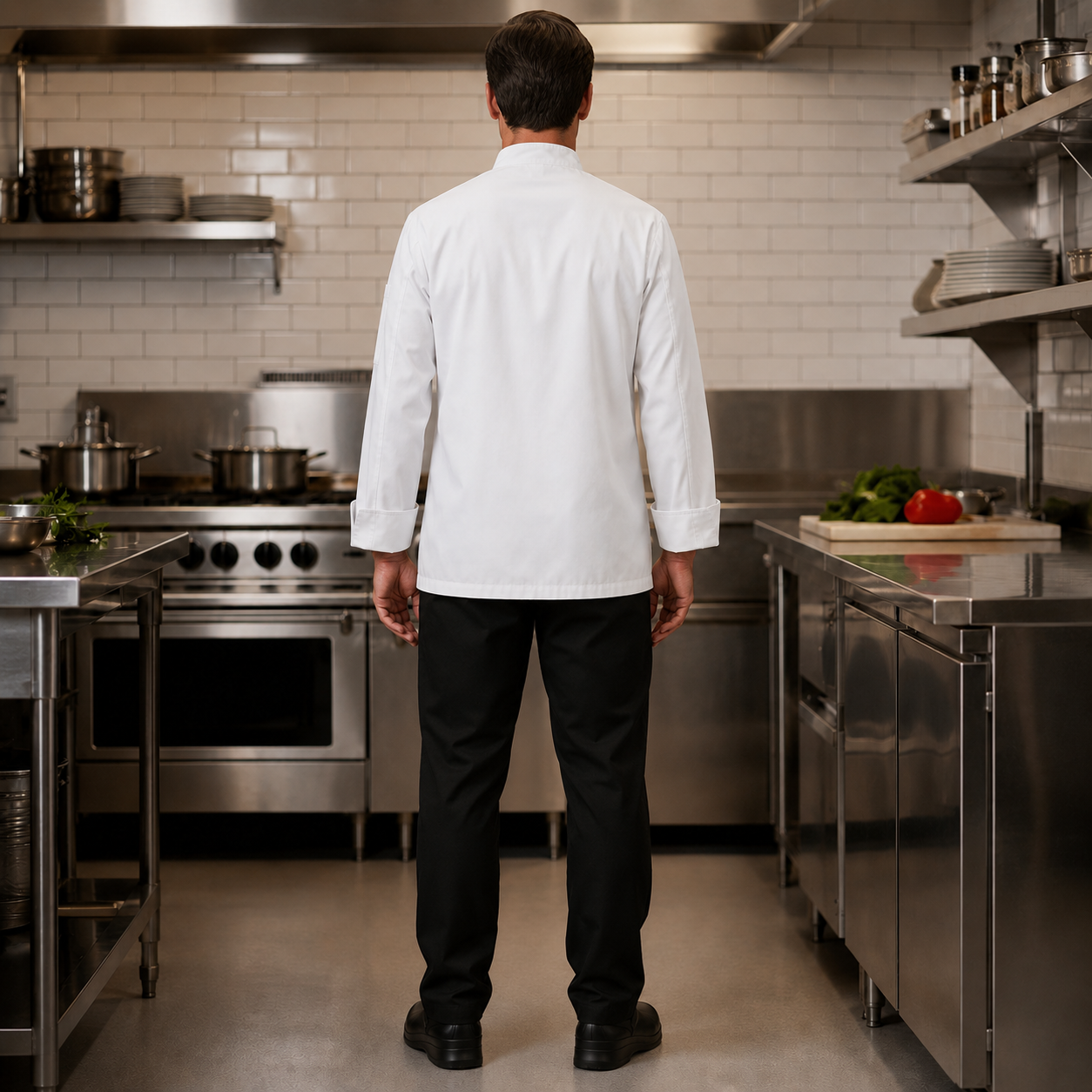 Unisex Long Sleeve Chef Coat – White Professional Kitchen Uniform with Logo
