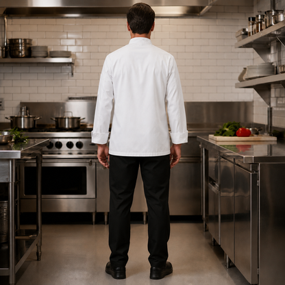 Unisex Long Sleeve Chef Coat – White Professional Kitchen Uniform with Logo