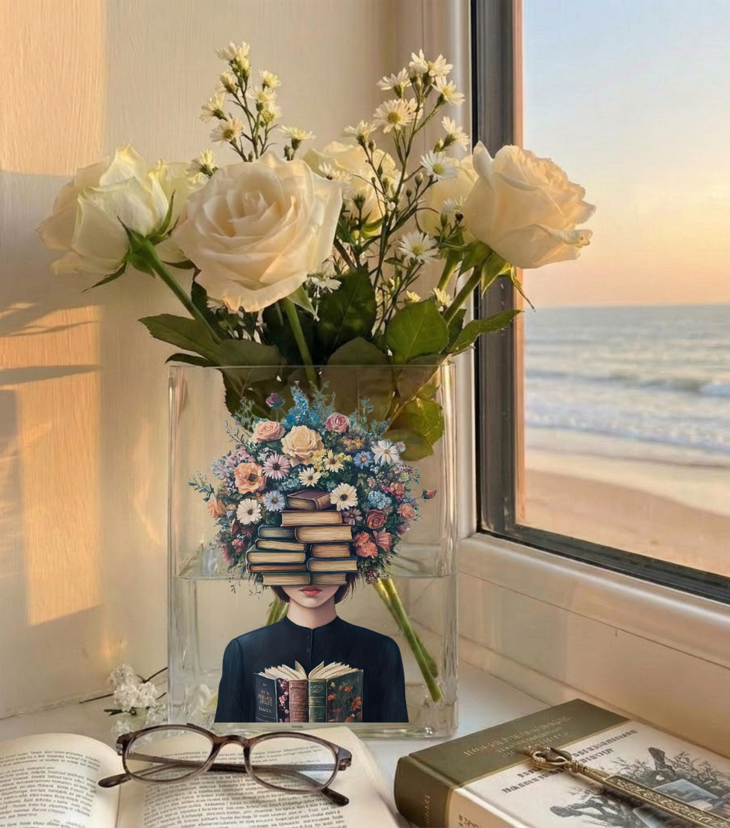 Book Lover Floral Acrylic Vase