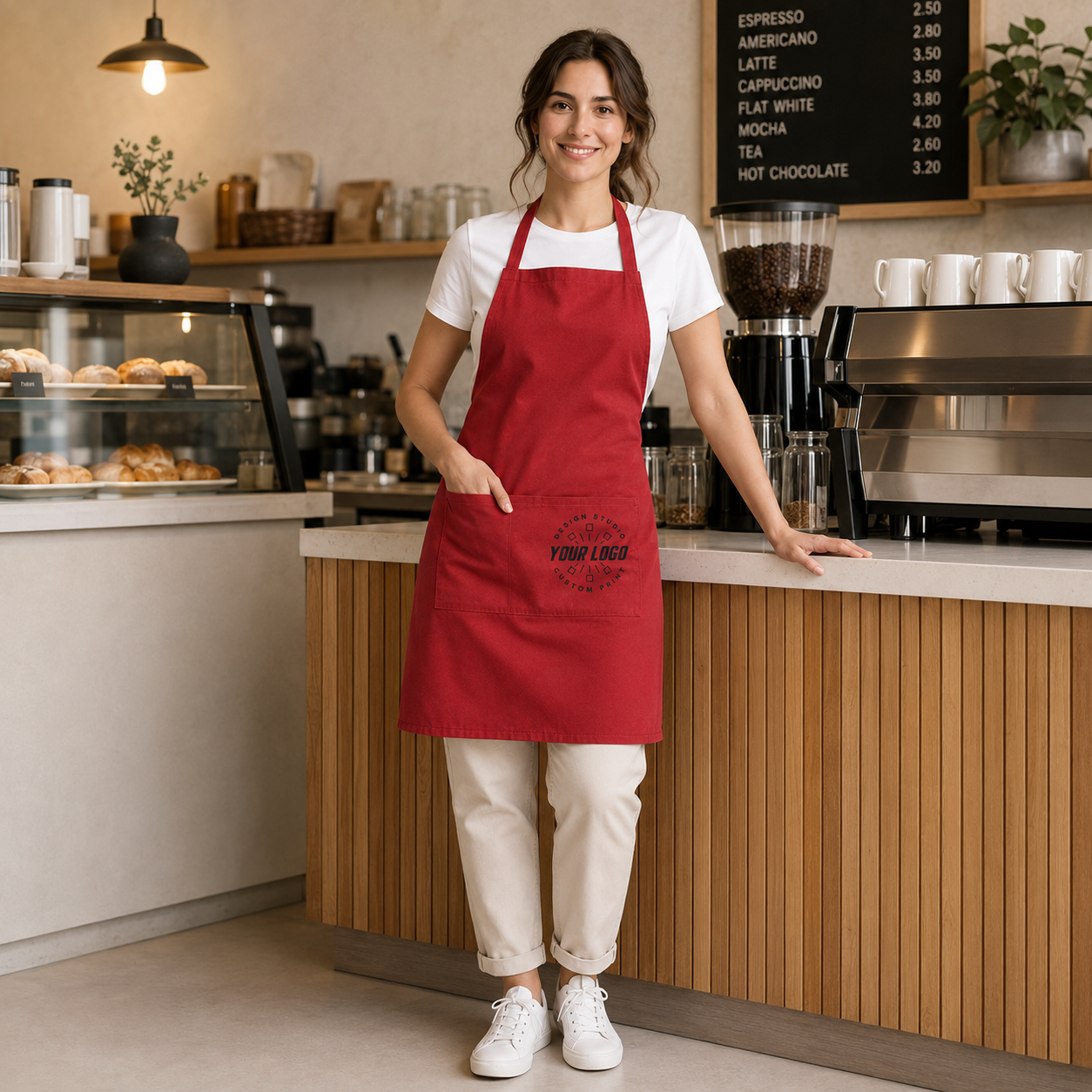 Logo Full-Length Bib Apron – Work Apron with Front Pocket for Cafe & Restaurant Staff