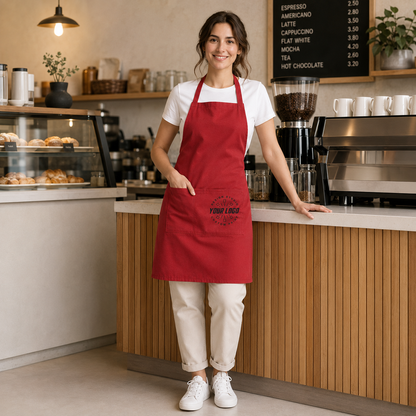 Logo Full-Length Bib Apron – Work Apron with Front Pocket for Cafe & Restaurant Staff