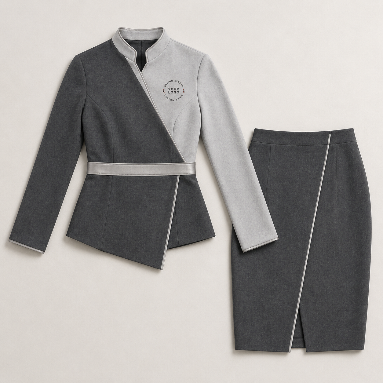 Women’s Spa Receptionist Uniform with Logo – Grey Wrap Front Desk Dress