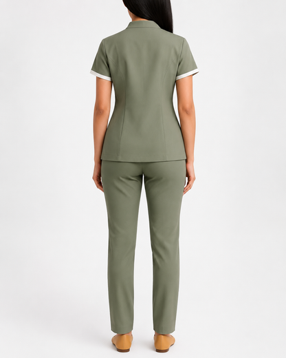 Women’s Olive Green Spa Uniform Set – Personalized Salon Tunic & Pants