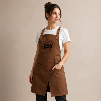 Logo Canvas Bib Apron – Leather Strap Work Apron for Chefs & Baristas