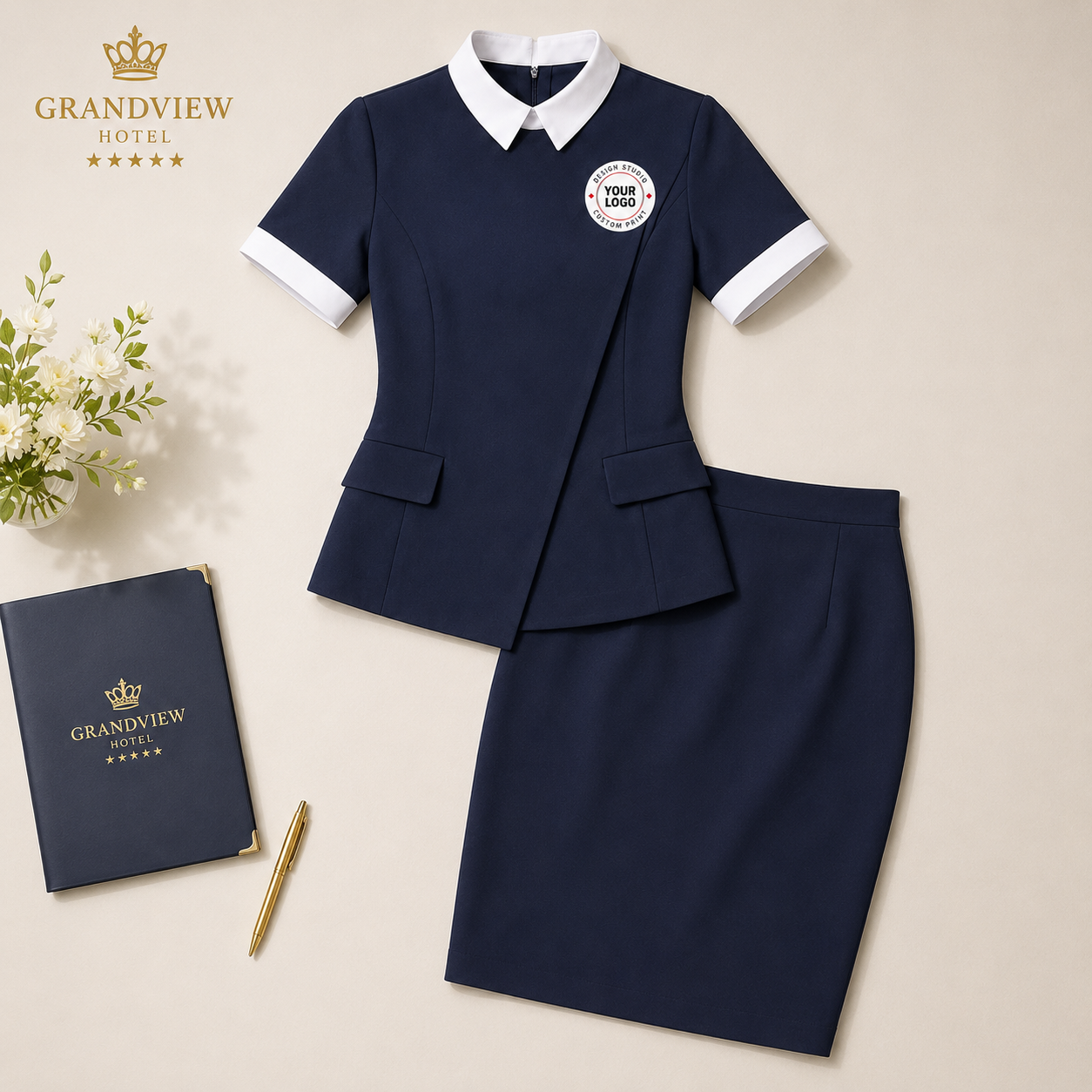Spa Receptionist Uniform Set with Logo – Navy White Salon Front Desk Outfit