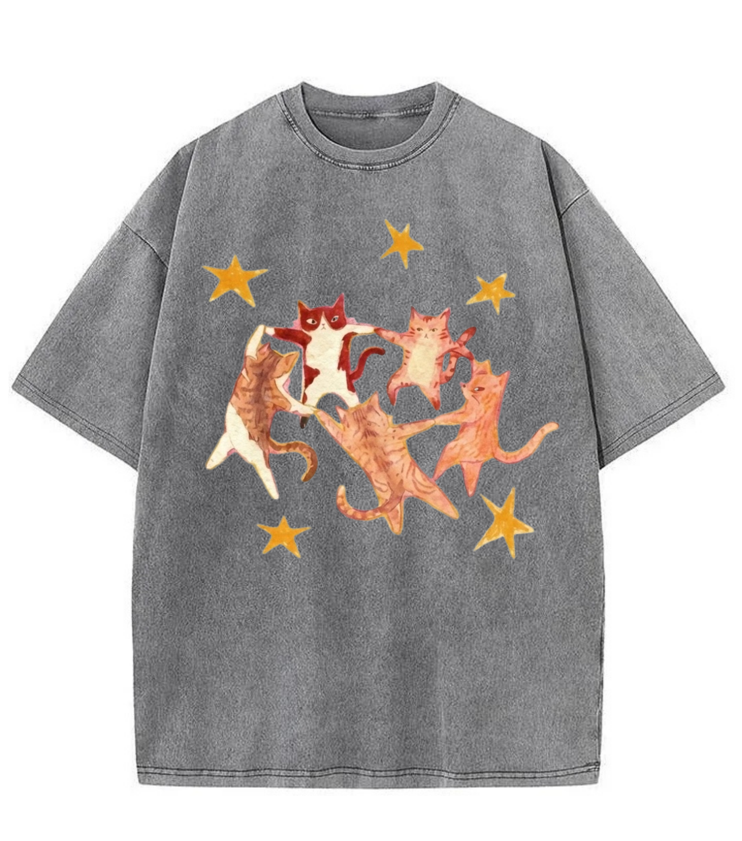 Washed Dancing Cats Graphic Streetwear Tee
