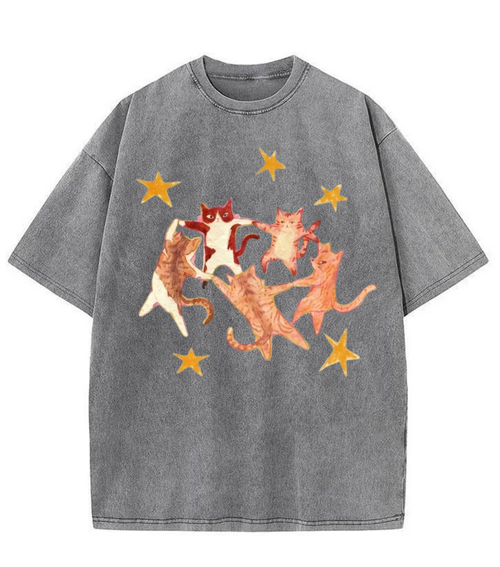 Washed Dancing Cats Graphic Streetwear Tee