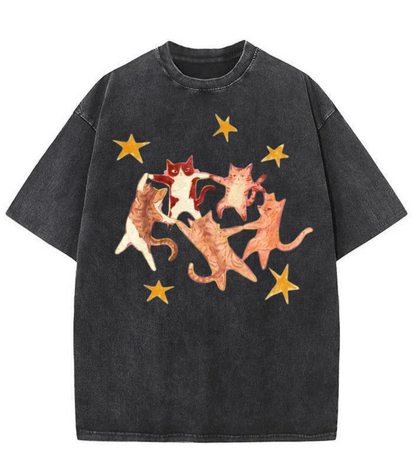 Washed Dancing Cats Graphic Streetwear Tee