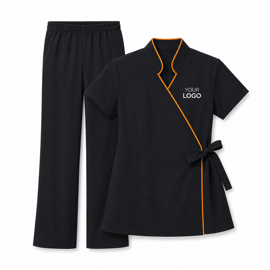 Women’s Spa Uniform Set – Logo Wrap Tunic & Pants for Salon Staff