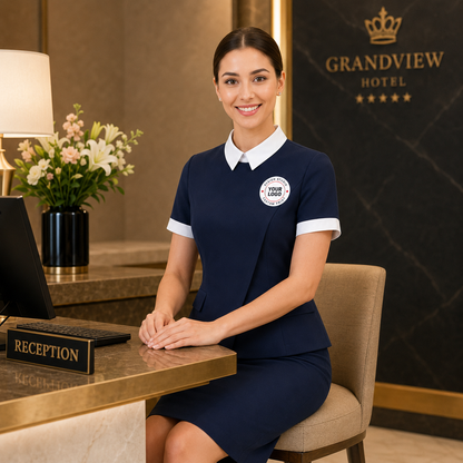 Spa Receptionist Uniform Set with Logo – Navy White Salon Front Desk Outfit