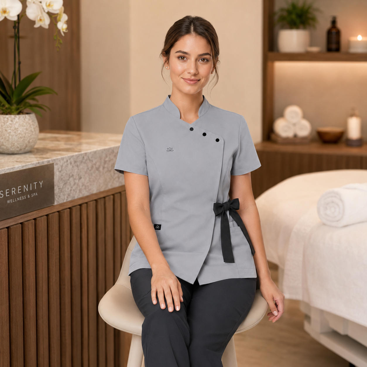 Women’s Spa Scrub Uniform Set – Logo Wrap Top & Pants